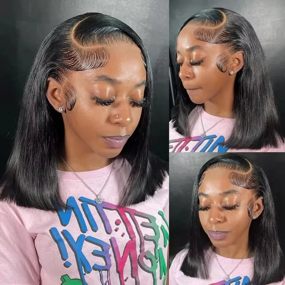 90s Fine • Short Bob Wig 100% Human Hair Bone Straight Lace Front Wig Invisible 13x4 Lace Natural Black 200% Density