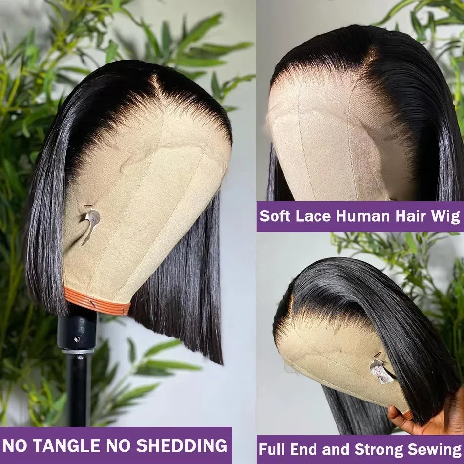 90s Fine • Short Bob Wig 100% Human Hair Bone Straight Lace Front Wig Invisible 13x4 Lace Natural Black 200% Density