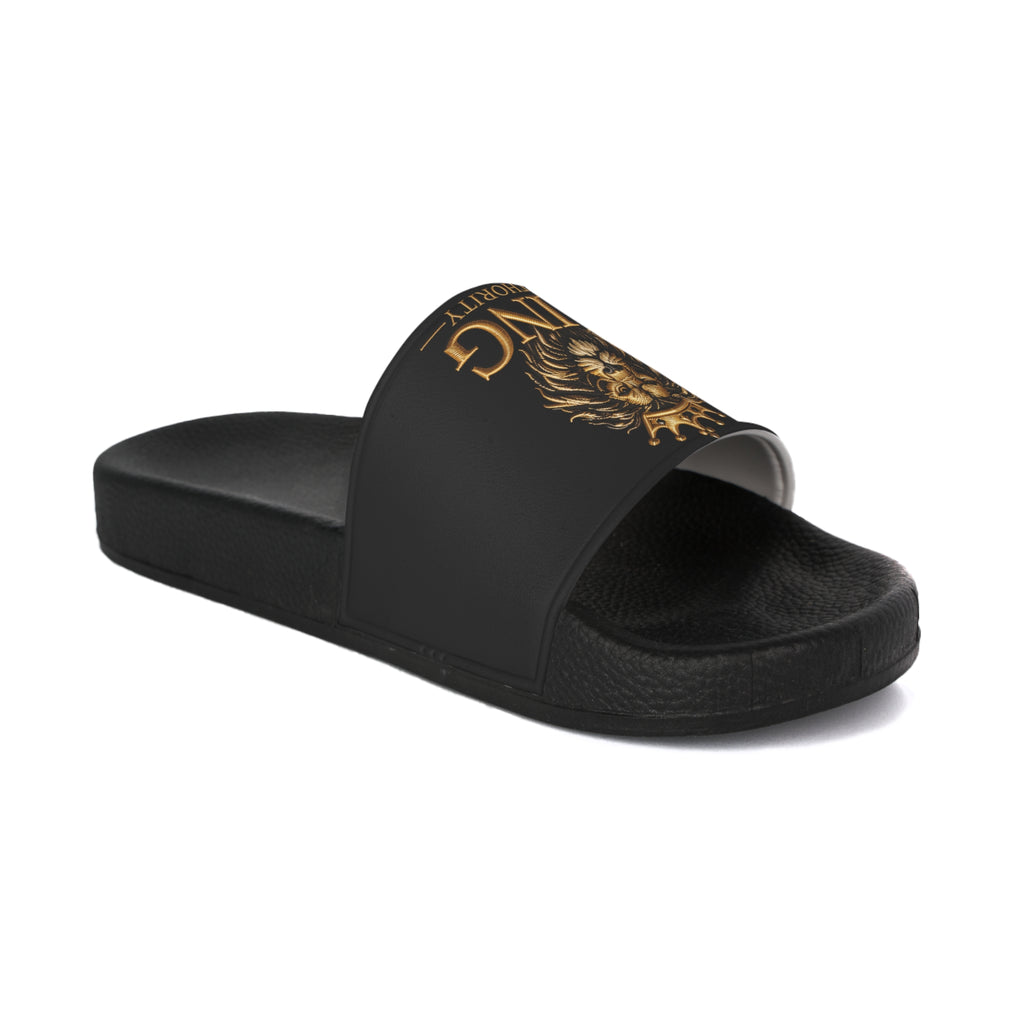 Gold Crown Lion King Authority Slide Sandals | Black Pool Slides