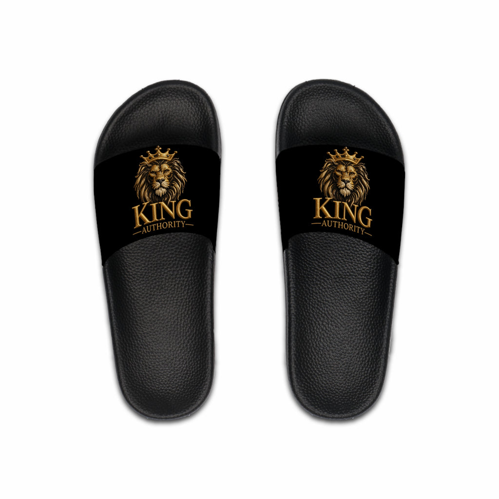 Gold Crown Lion King Authority Slide Sandals | Black Pool Slides