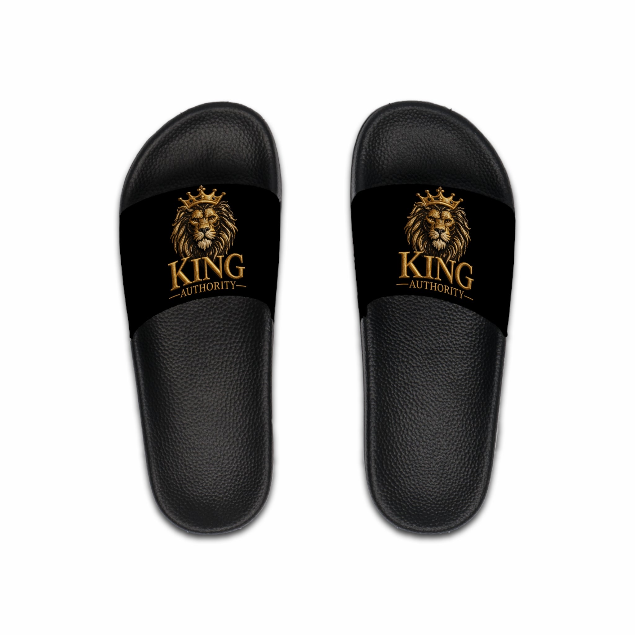 Gold Crown Lion King Authority Slide Sandals | Black Pool Slides