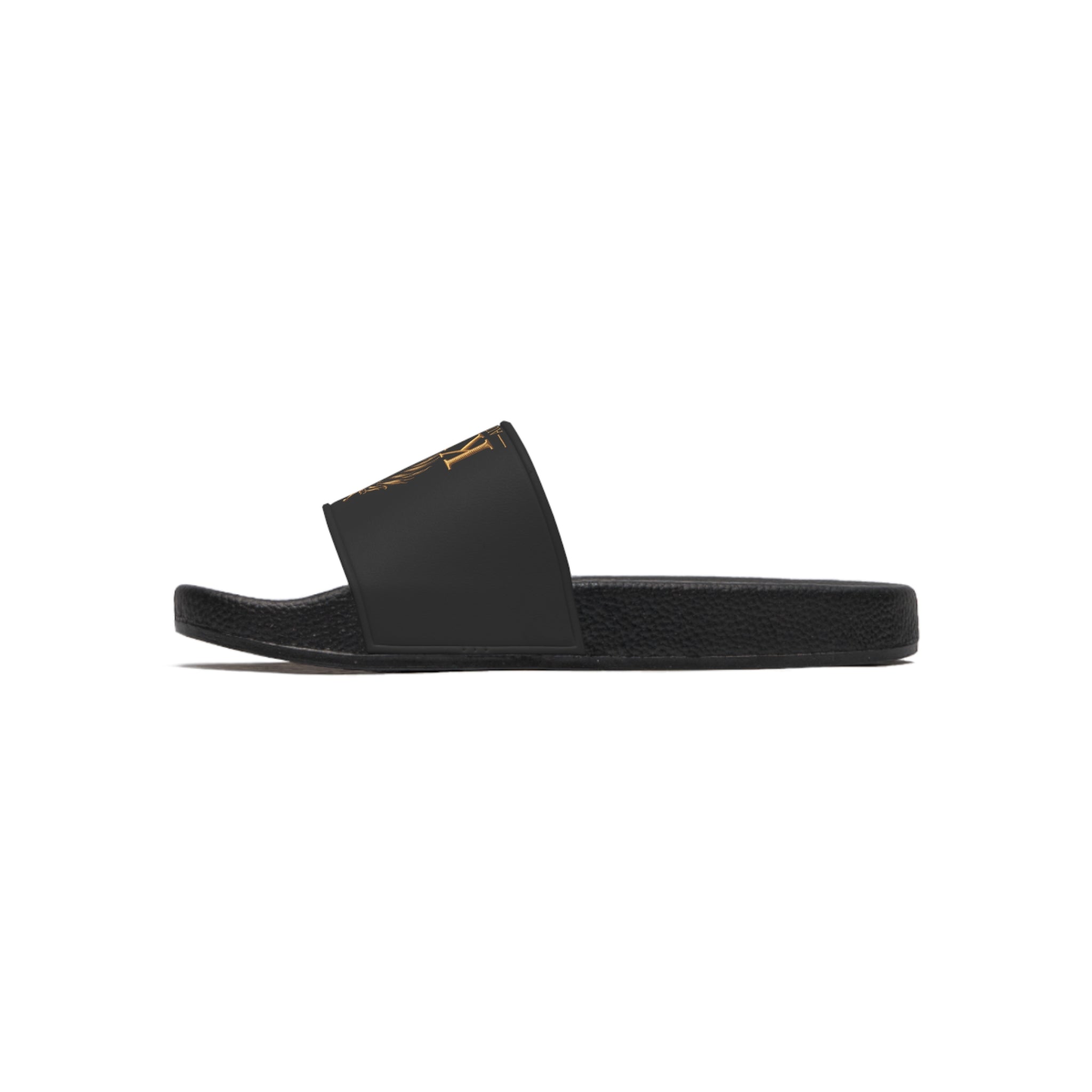 Gold Crown Lion King Authority Slide Sandals | Black Pool Slides