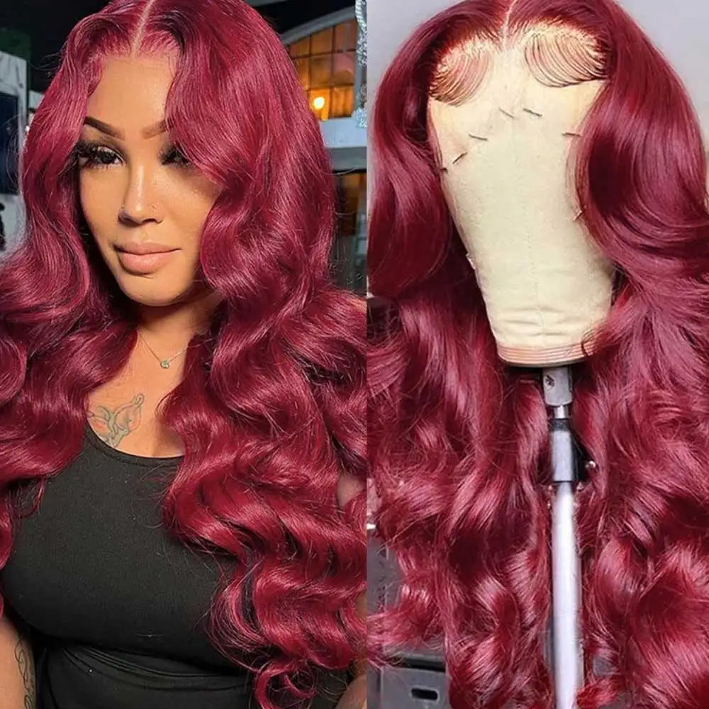 Very Cherry “Baddie Authority Co”           • Burgundy Body Wave, Human Hair 13x4 HD Lace Frontal Wig Colored 99j  Lace Front