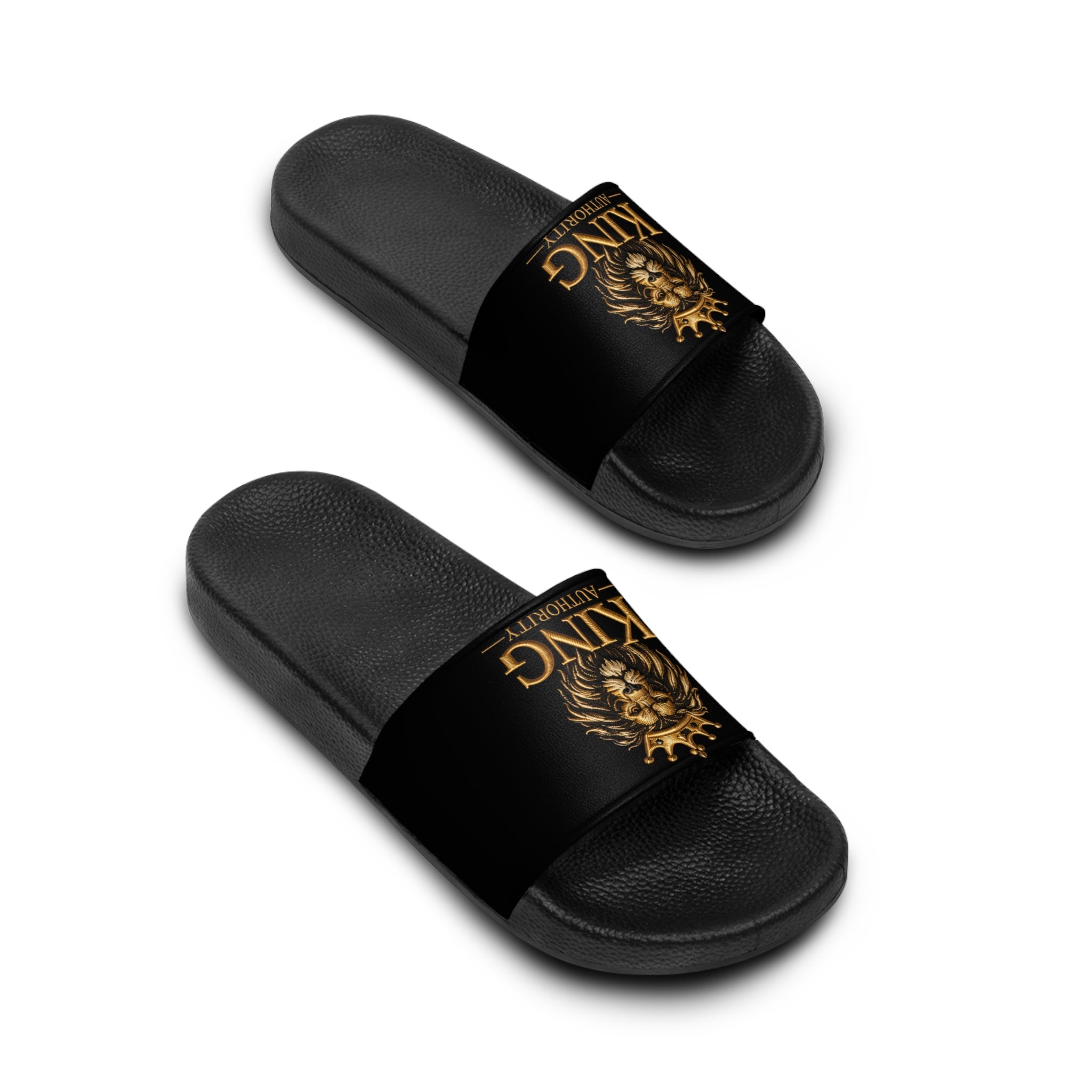 Gold Crown Lion King Authority Slide Sandals | Black Pool Slides