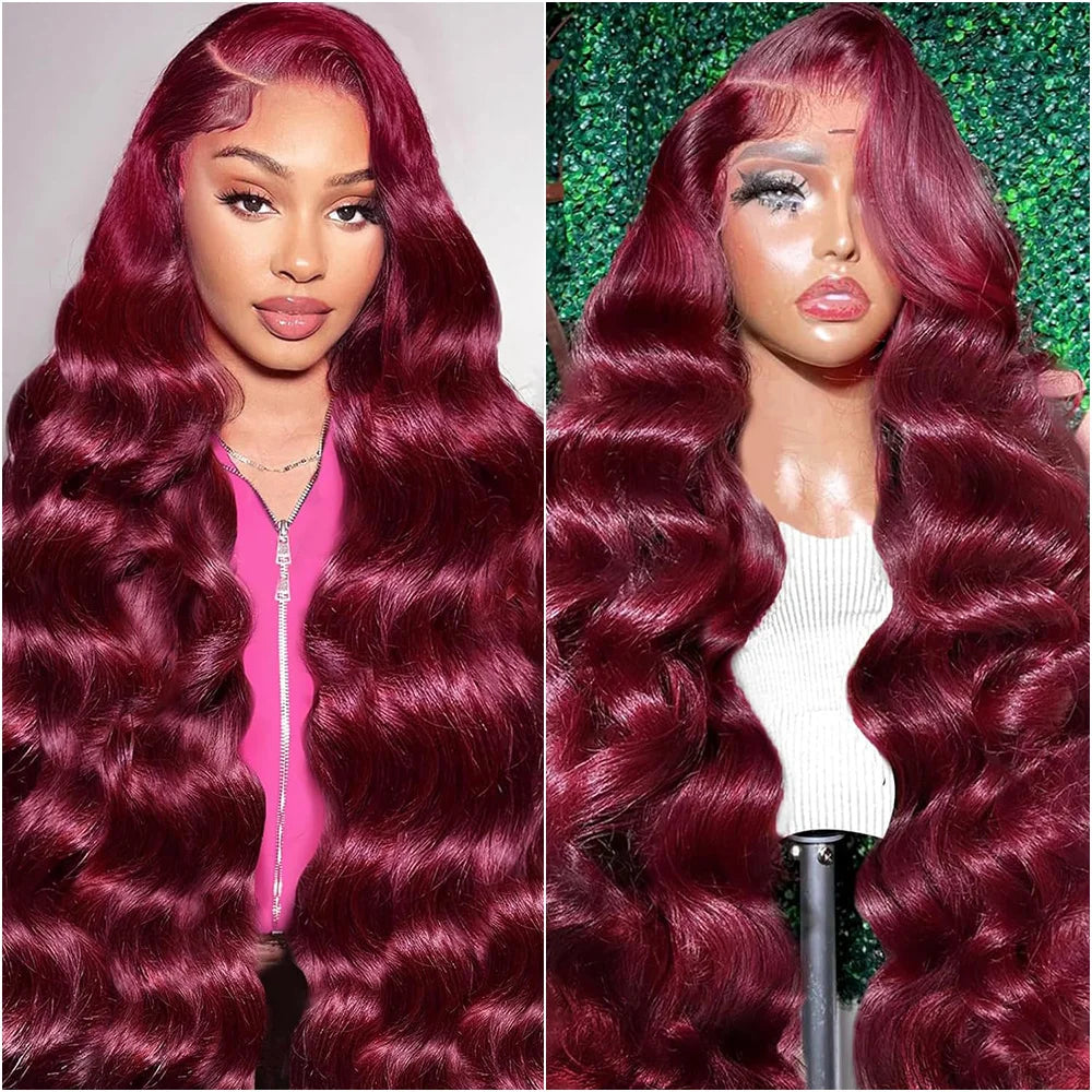Raw Baddie Collection• 13x 4 ~13x6HD Lace Frontal 220% Density 99J Burgundy Body Wave Human Hair Wig