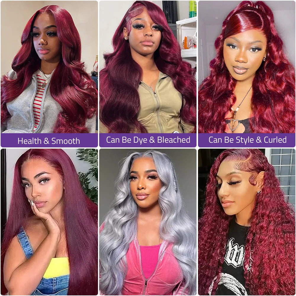 Raw Baddie Collection• 13x 4 ~13x6HD Lace Frontal 220% Density 99J Burgundy Body Wave Human Hair Wig