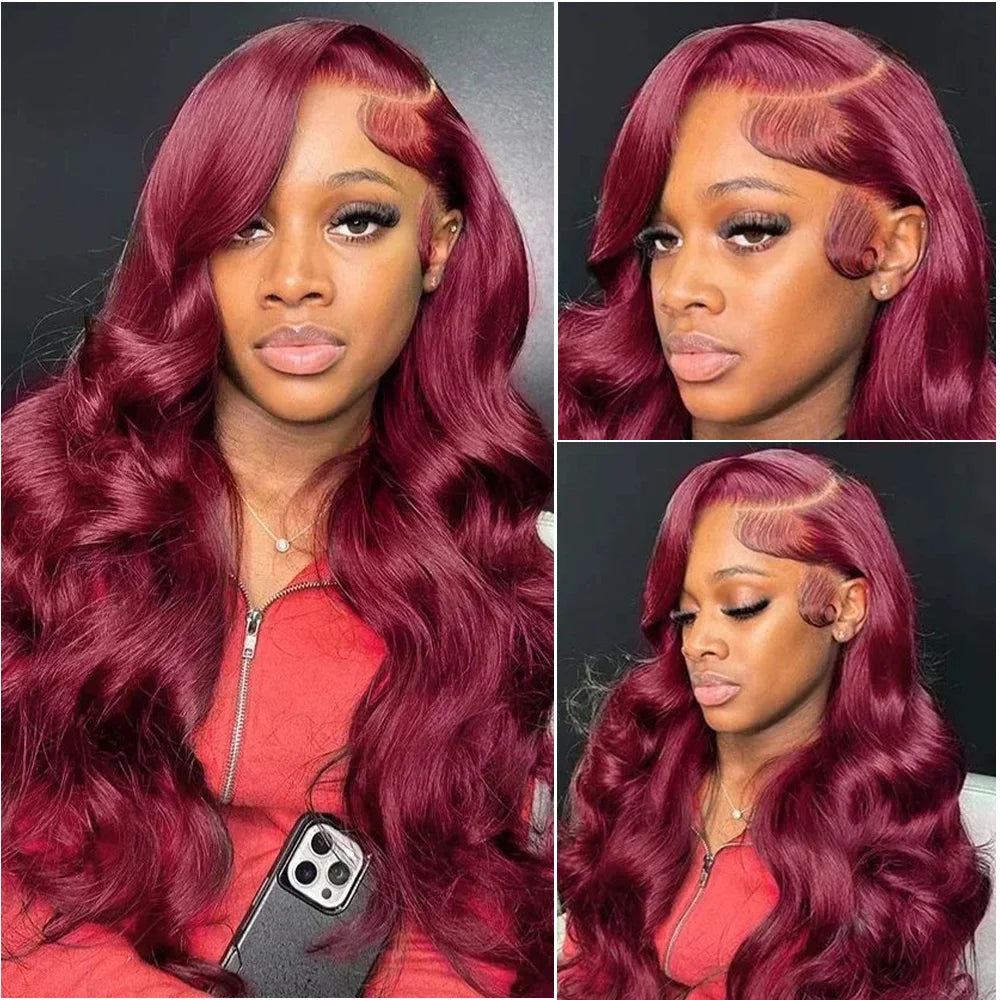 Raw Baddie Collection• 13x 4 ~13x6HD Lace Frontal 220% Density 99J Burgundy Body Wave Human Hair Wig