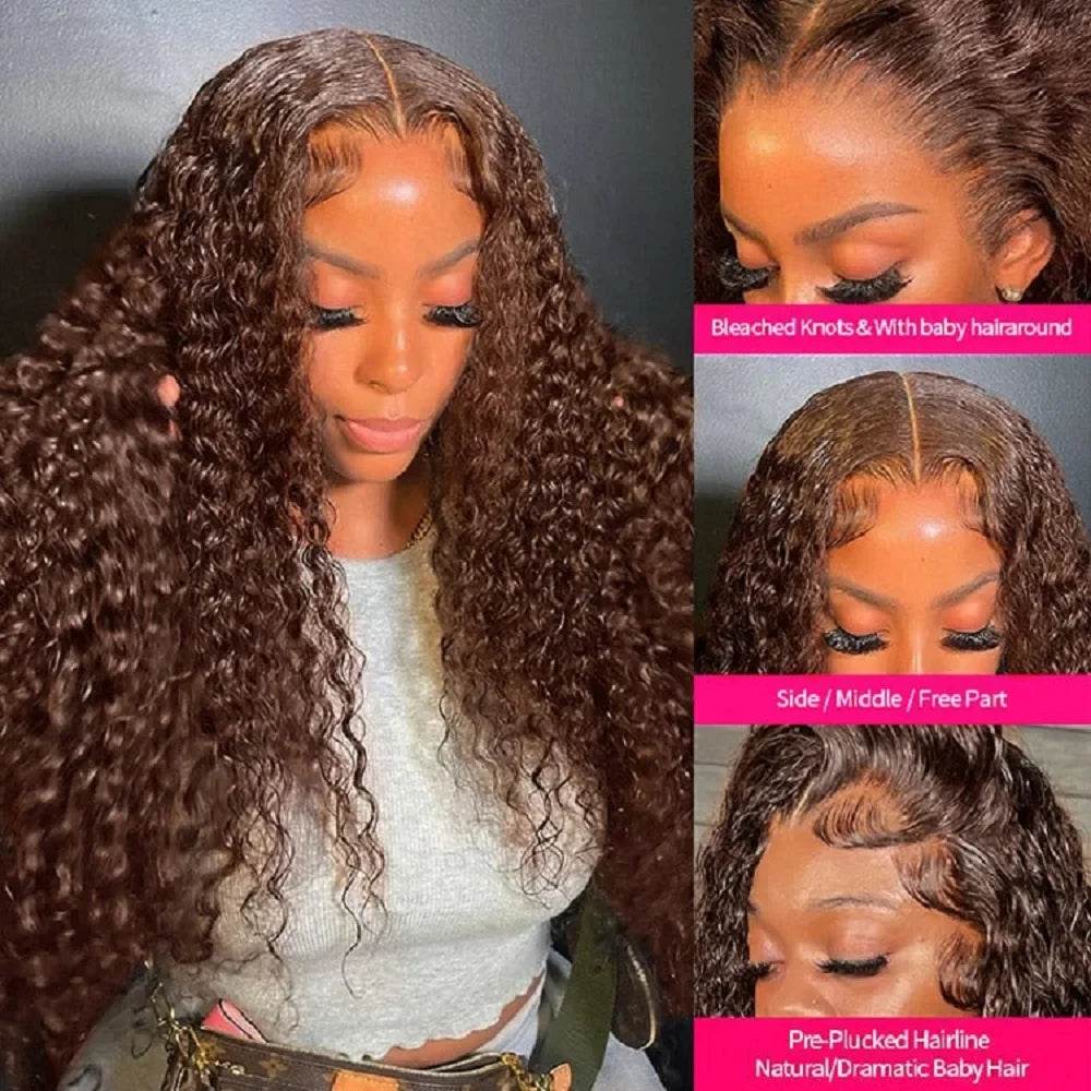 Raw Baddie Collection• Chocolate Brown Curly Lace Front Human Hair Wig 13X6 Lace Frontal Wig Brazilian Deep Wave •Pre Bleached