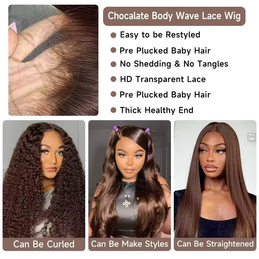 Raw Luxury Baddie • 13x6 Chocolate Brown HD Lace Front Human Hair Wig•  Body Wave  180 % ~ 200 Density Frontals