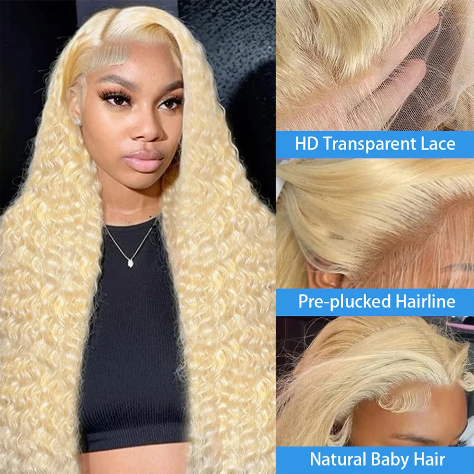 Material GIRL💰🎀 • Curly 613 Honey Blonde 13x 4~ 13x6 Transparent Lace Front Human Hair Wig 250% Density!