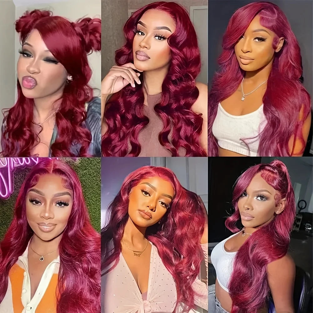 Raw Baddie Collection• 250 Density 99J Burgundy 13x6 Lace Frontal Human Hair  Brazilian• Body Wave