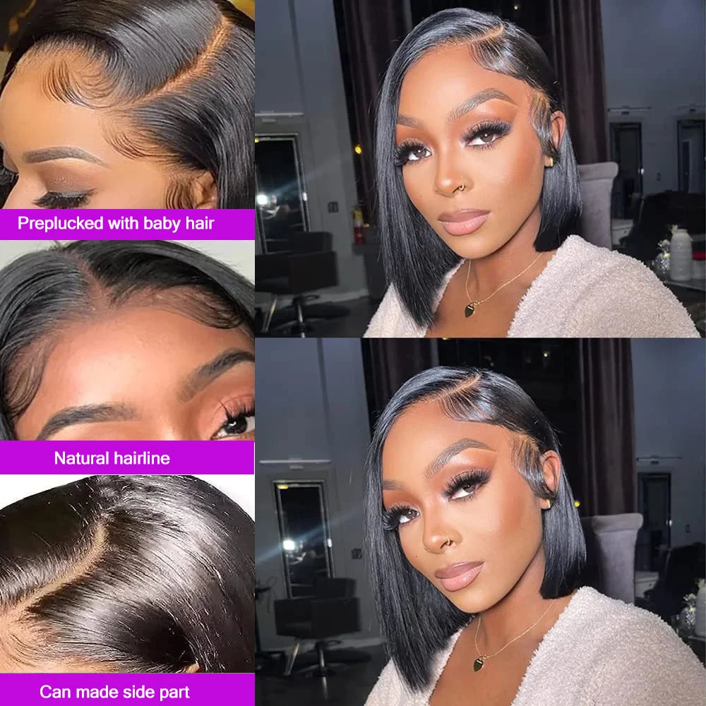 90s Fine • Short Bob Wig 100% Human Hair Bone Straight Lace Front Wig Invisible 13x4 Lace Natural Black 200% Density