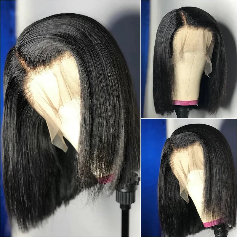 90s Fine • Short Bob Wig 100% Human Hair Bone Straight Lace Front Wig Invisible 13x4 Lace Natural Black 200% Density