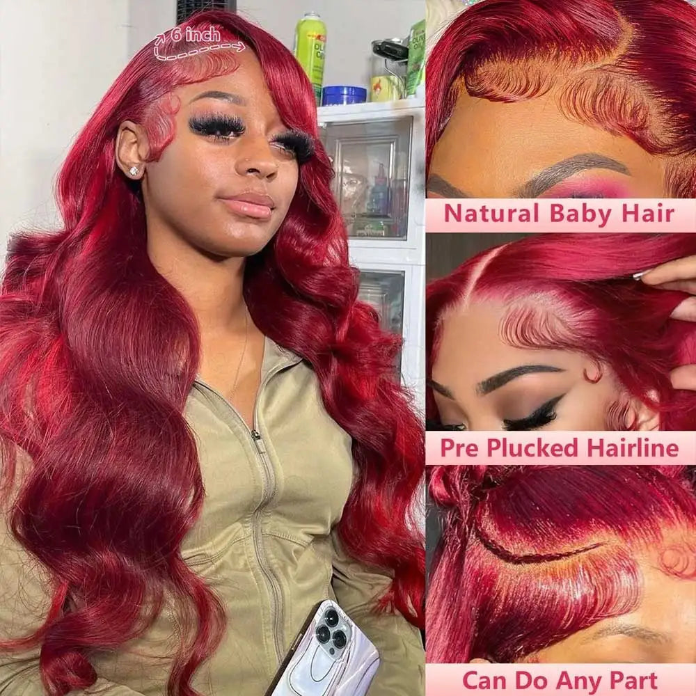 Very Cherry “Baddie Authority Co”           • Burgundy Body Wave, Human Hair 13x4 HD Lace Frontal Wig Colored 99j  Lace Front