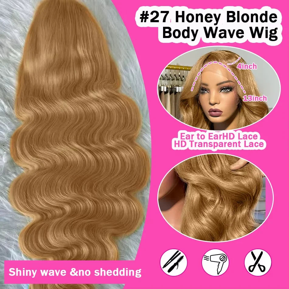 Foreigner Baddie👛🎀🏝️• Peruvian  Honey Blonde 13x6 HD Lace Front Human Hair Wigs #27 Color Body Wave Glueless