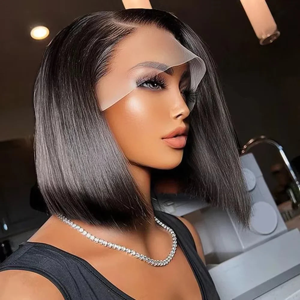 90s Fine • Short Bob Wig 100% Human Hair Bone Straight Lace Front Wig Invisible 13x4 Lace Natural Black 200% Density